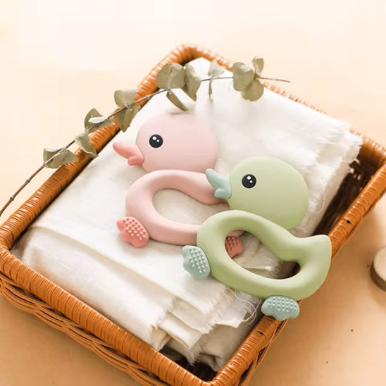 anneau dentition bebe canard rose vert