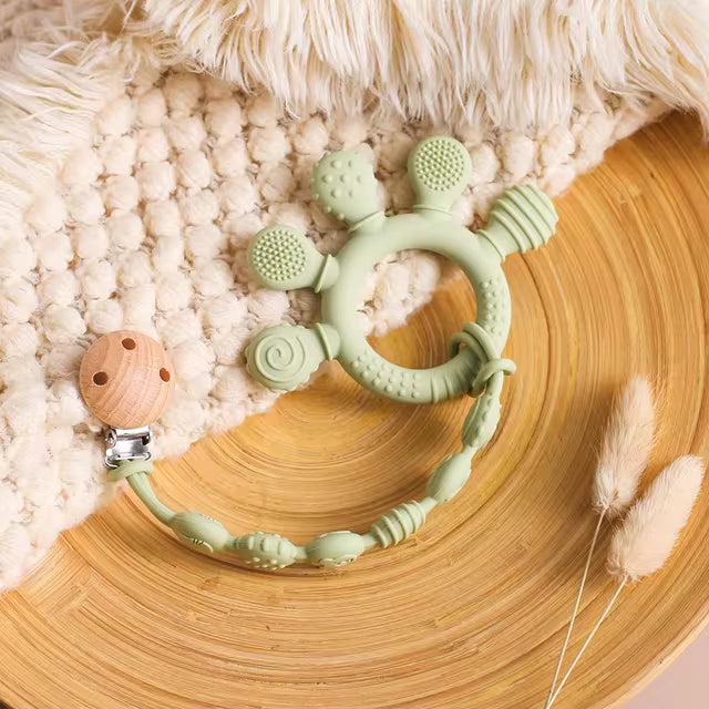 anneau dentition bebe vert avec attache