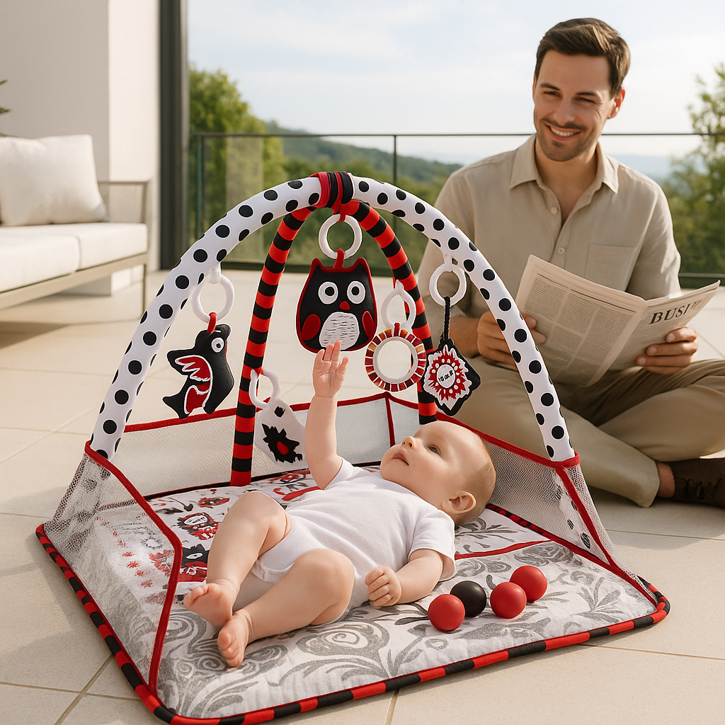 bebe allonge tapis d eveil papa assis lit journal