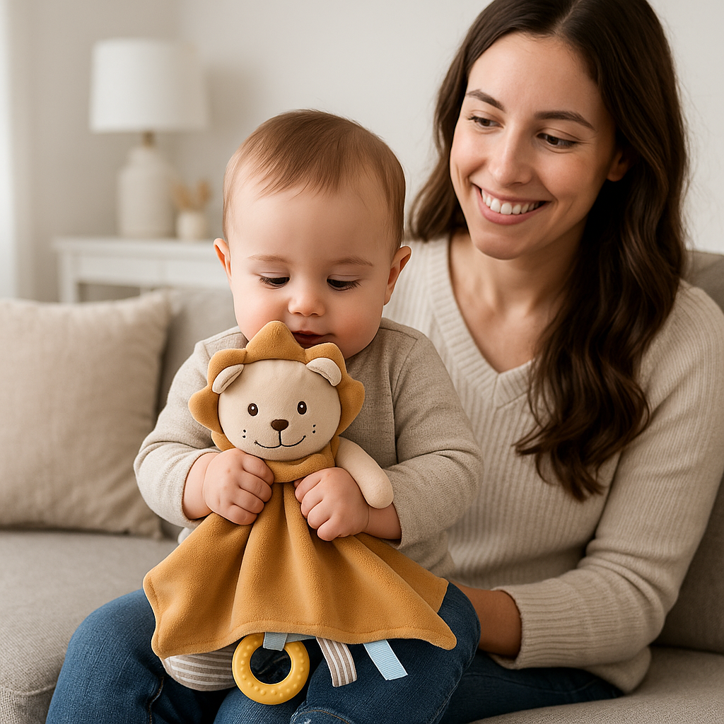 bebe assis avec maman caline doudou bebe lion