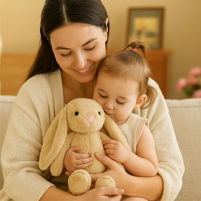 bebe assis bras maman tient lapin peluche
