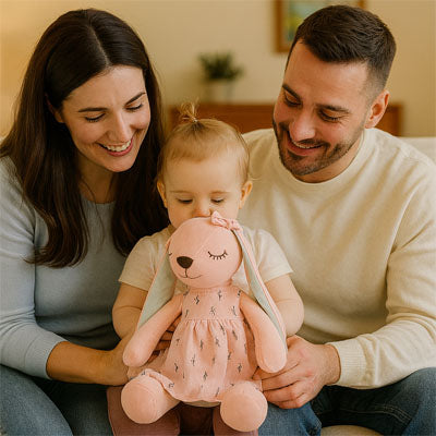 bebe assis entre papa maman tient peluche lapin