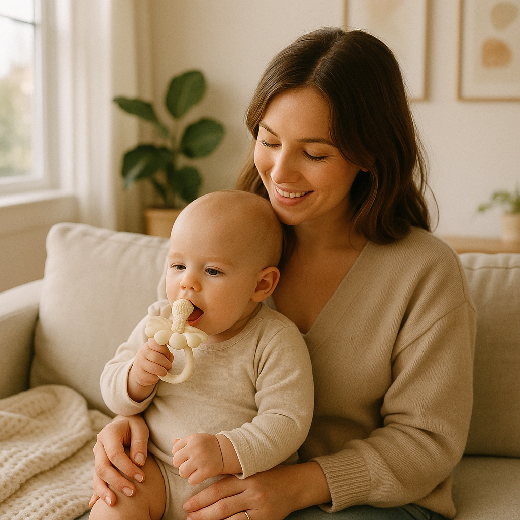 bebe assis genou maman tient anneau dentition bebe creme