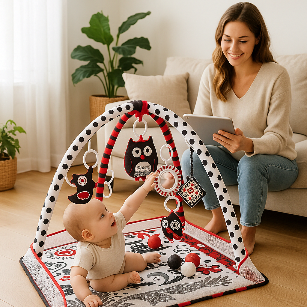bebe assis joue dans tapis d eveil maman tablette