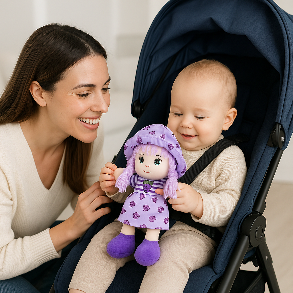 bebe assis poussette tient poupee de chiffon maman sourit