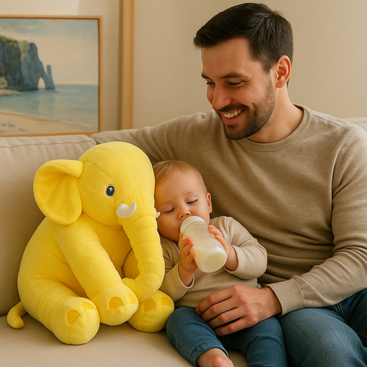 bebe assis pres peluche elephant avec biberon papa sourit