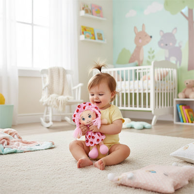 bebe assis tapis chambre joue poupee de chiffon