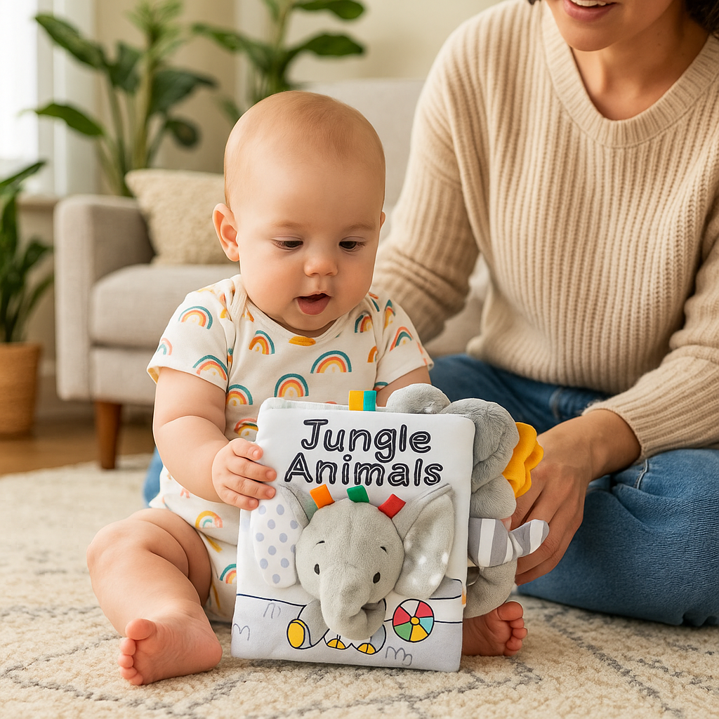 bebe assis tapis regarde livre bebe
