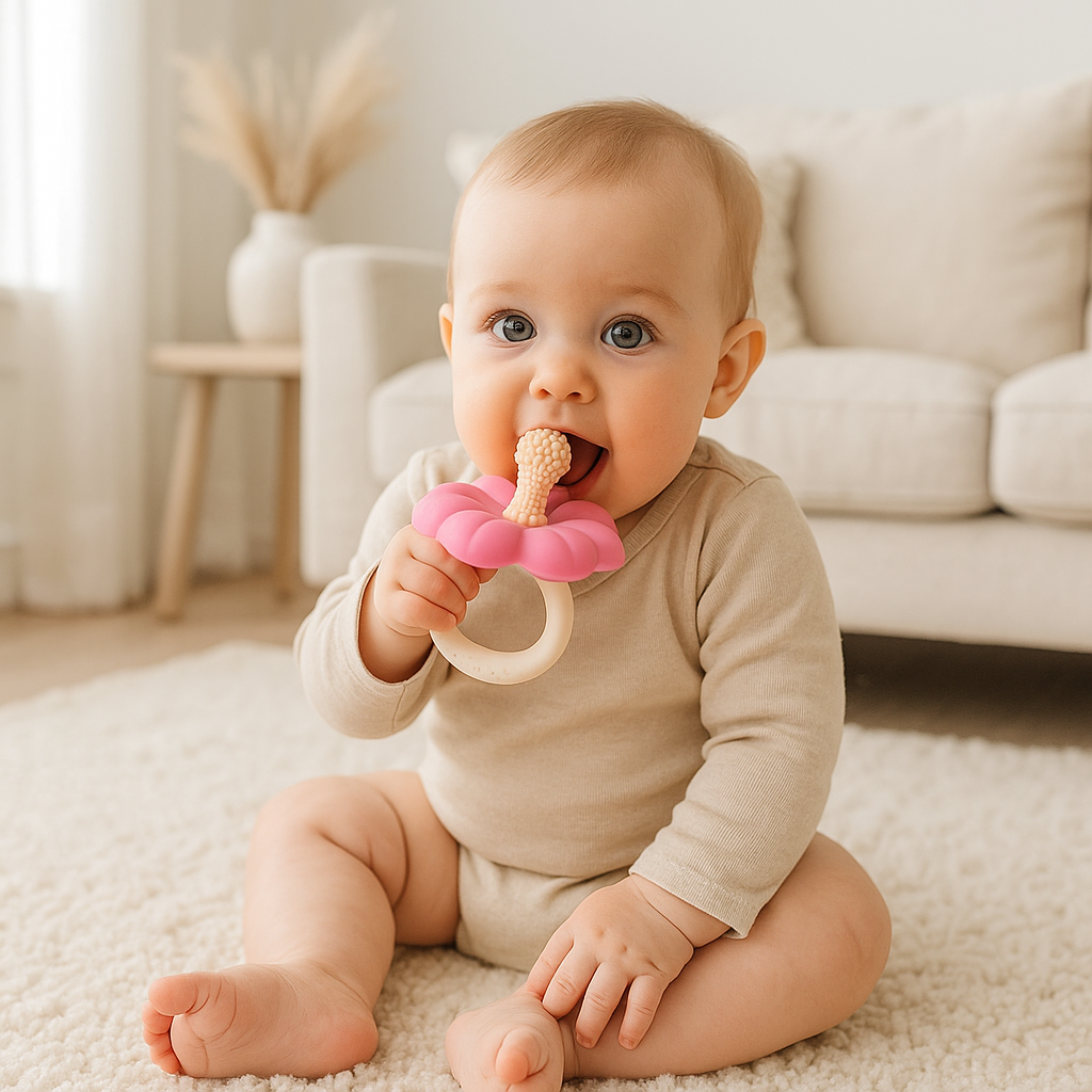 bebe assis tapis tient anneau dentition bebe bouche