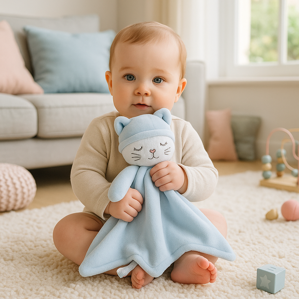 bebe assis tapis tient doudou naissance bras