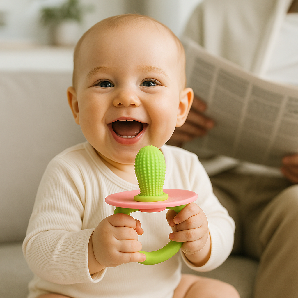 bebe assis tient anneau de dentition entre les mains