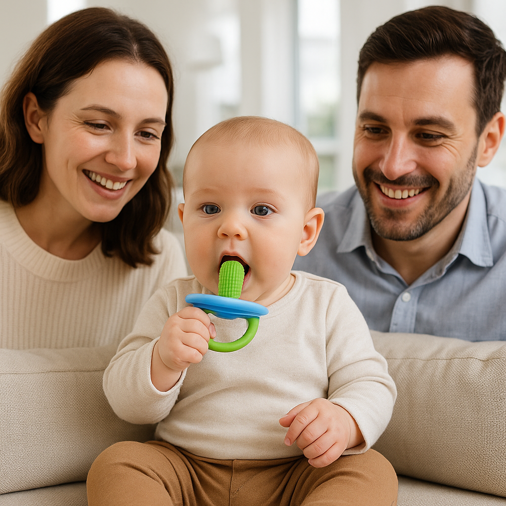 bebe assis tient anneau de dentition papa maman sourient