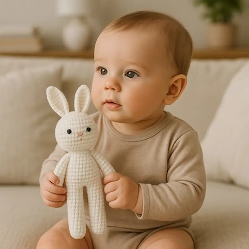 bébé assis tient doudou lapin blanc mains