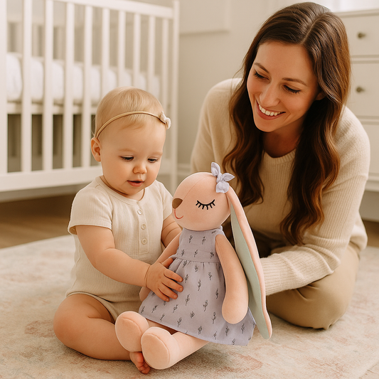 bebe assis tient peluche lapin maman sourit