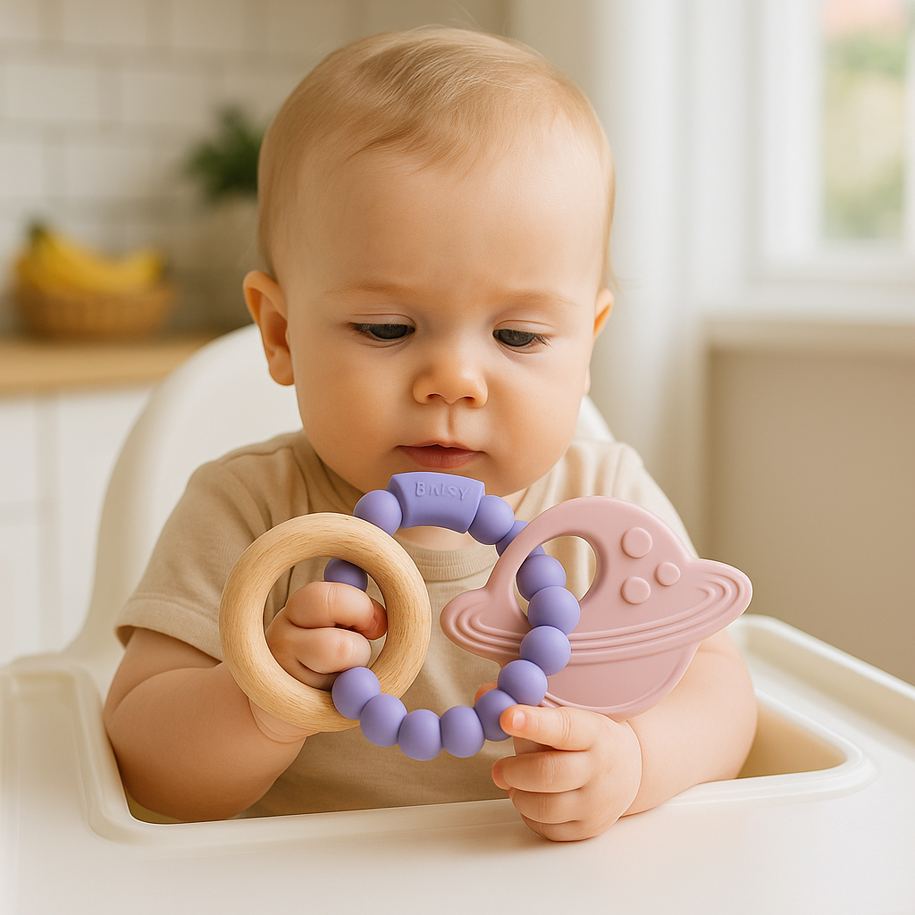 bebe dans chaise haute joue anneau dentition bebe