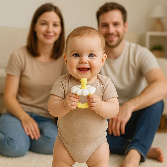 bebe debout devant parents tient anneau dentition bebe
