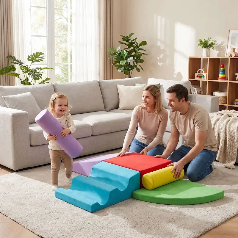 bébé deux ans porte cylindre parents installent parcours motricité bébé