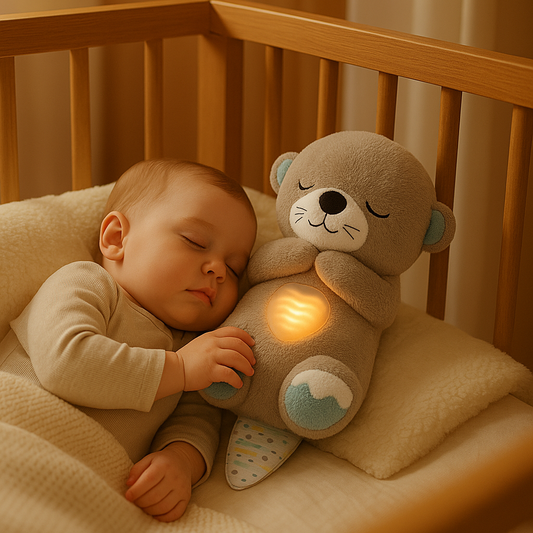 bebe dort avec peluche loutre qui respire berceau