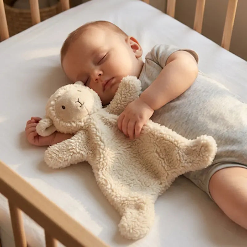 bébé dort berceau tient doudou bebe mains
