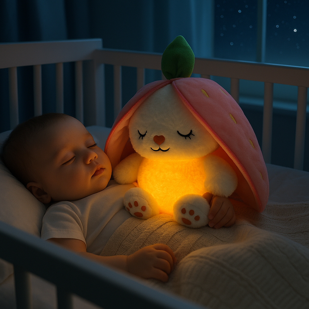 bebe dort berceau tient peluche qui respire lapin