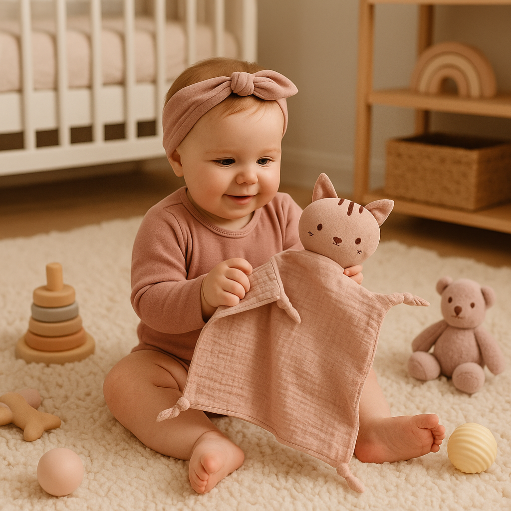 bebe fille assise joue avec doudou pour bebe