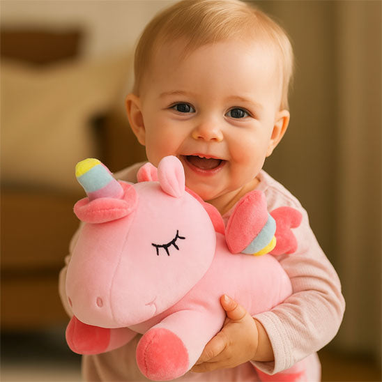 bebe fille avec peluche licorne dans main