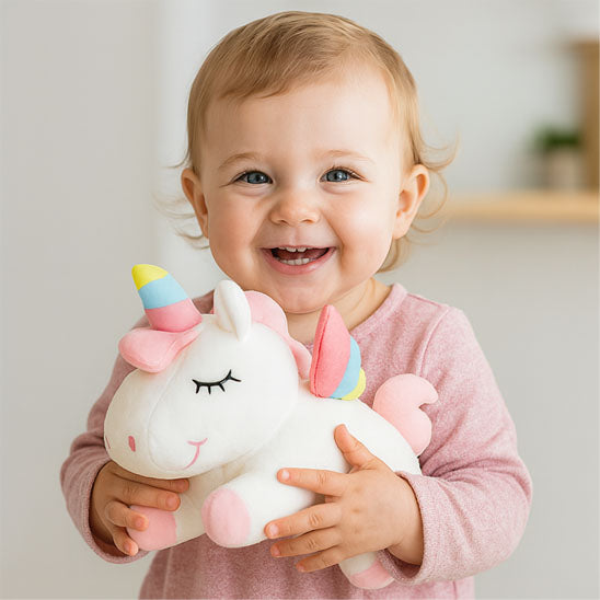 bebe fille tient petite peluche licorne dans mains