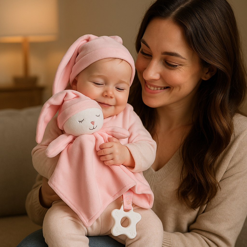 bebe genou maman tient doudou naissance lapin rose