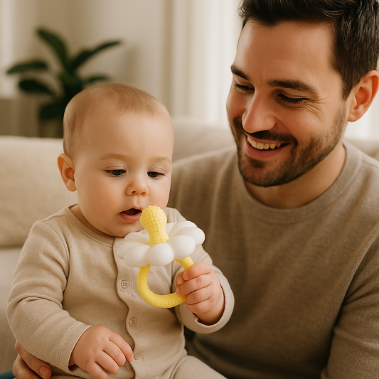 bebe genou papa regarde anneau dentition bebe
