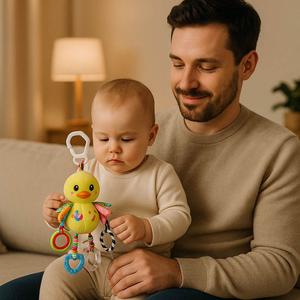bebe genoux papa tient hochet bebe