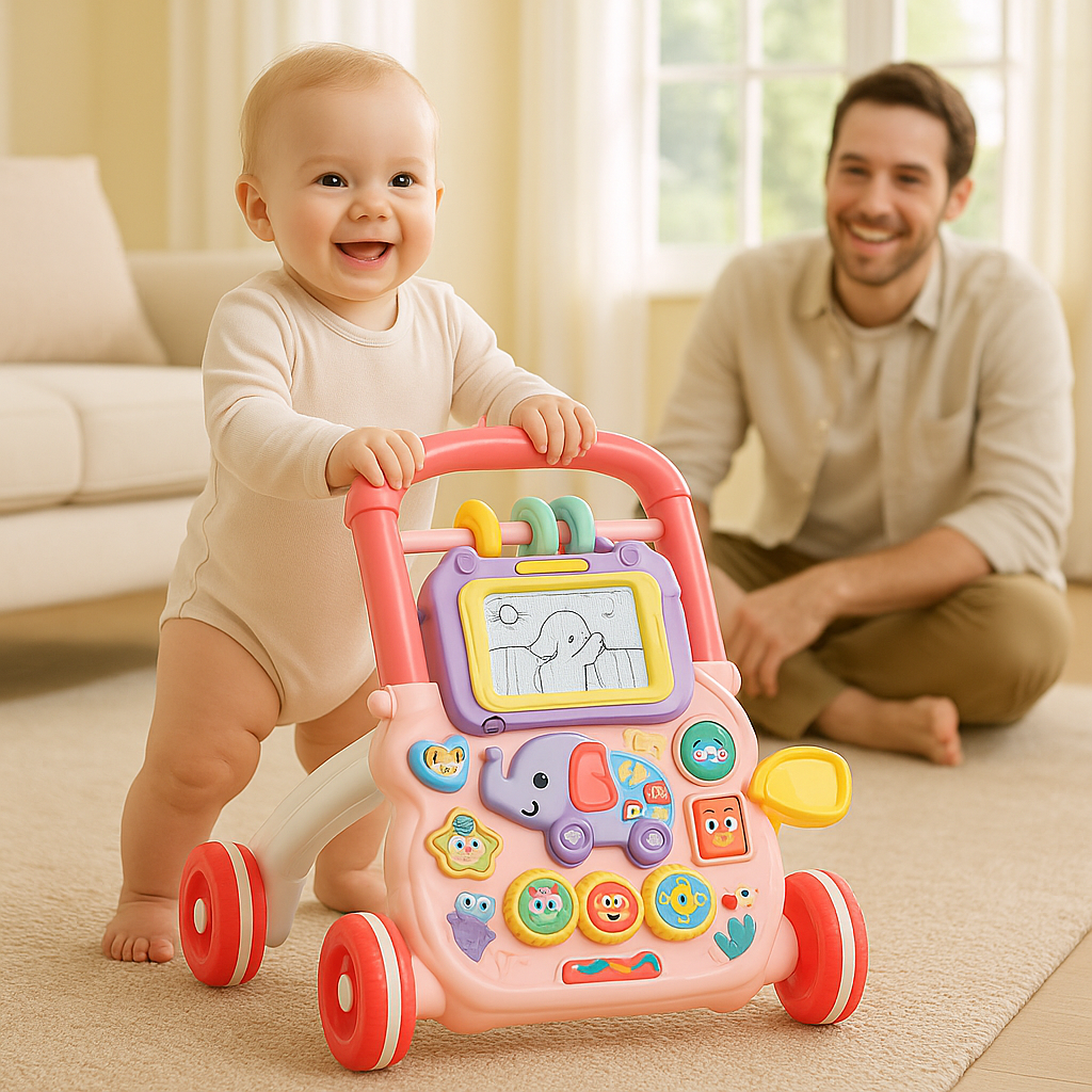 bebe pousse jouet bebe 1 an papa surveille