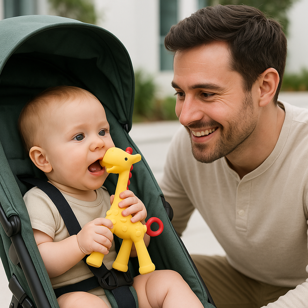 bebe poussette mord anneau de dentition papa sourit