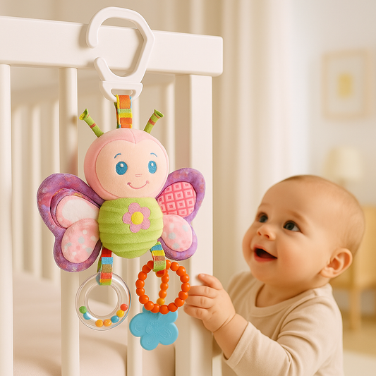 bebe regarde hochet bebe fixe berceau