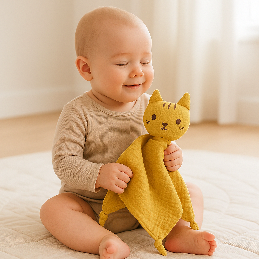 bebe serein souriant tient doudou pour bebe dans bras