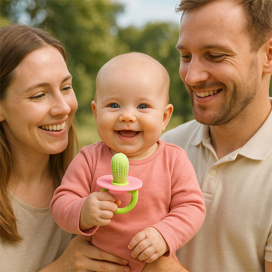 bebe tient anneau de dentition papa maman sourient
