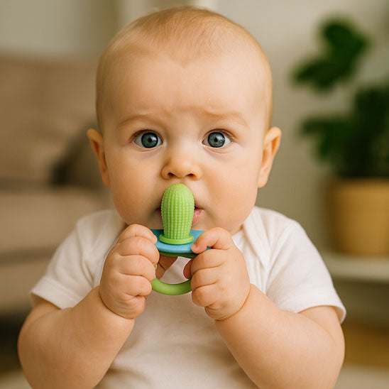 bebe tient anneau de dentition vert bleu