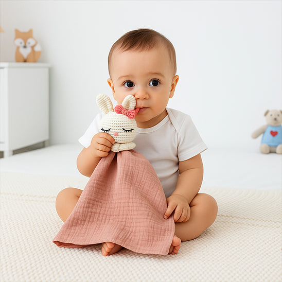 bebe tient doudou bebe lapin dans main oreille bouche
