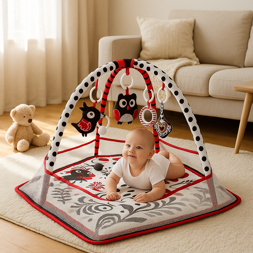 bebe ventre dans tapis d eveil dans salon