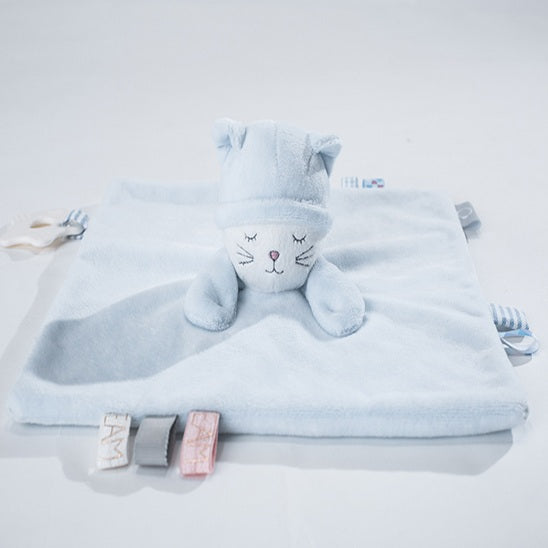 doudou naissance plat petits elements textures avec tete chat doux