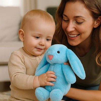 lapin peluche bleue tenu par bebe souriant avec maman