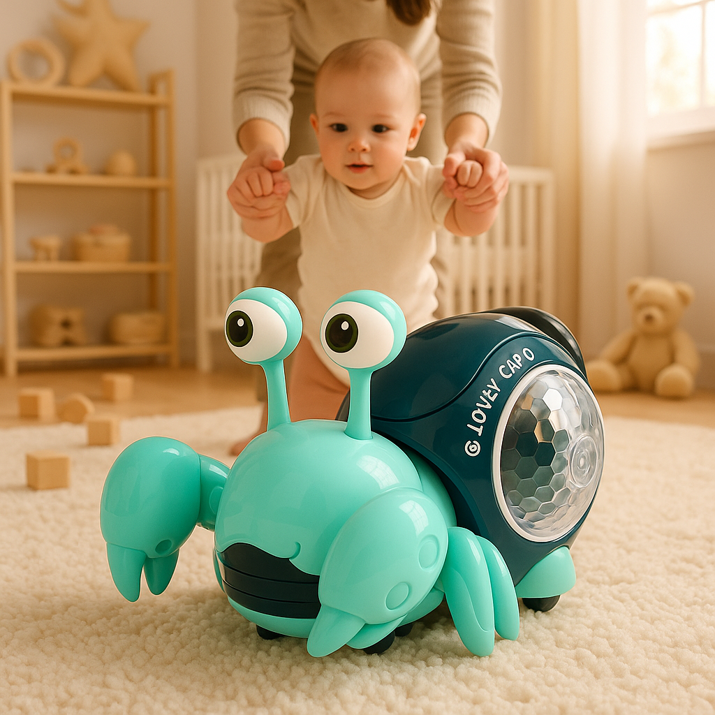 maman tient bebe marche vers jouet bebe crabe