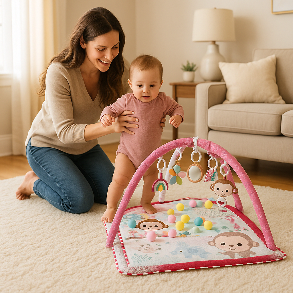 maman tient bebe marche vers tapis d eveil bebe