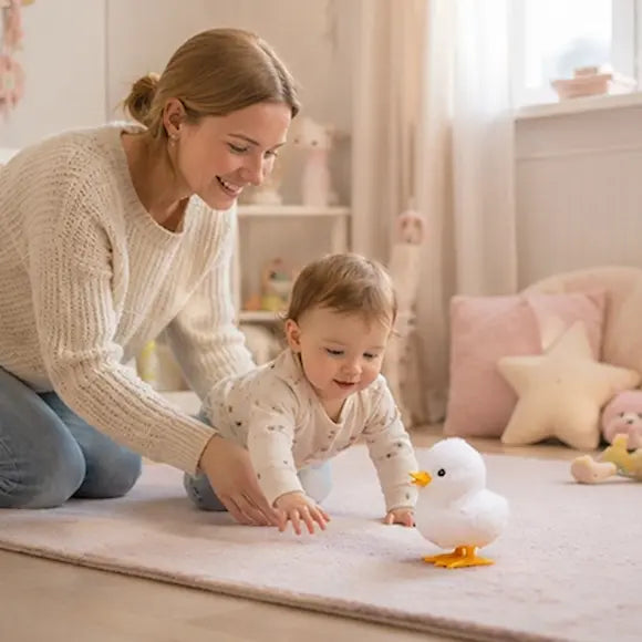 maman tient bébé quatre pattes tapis regardent jouet bebe poussin