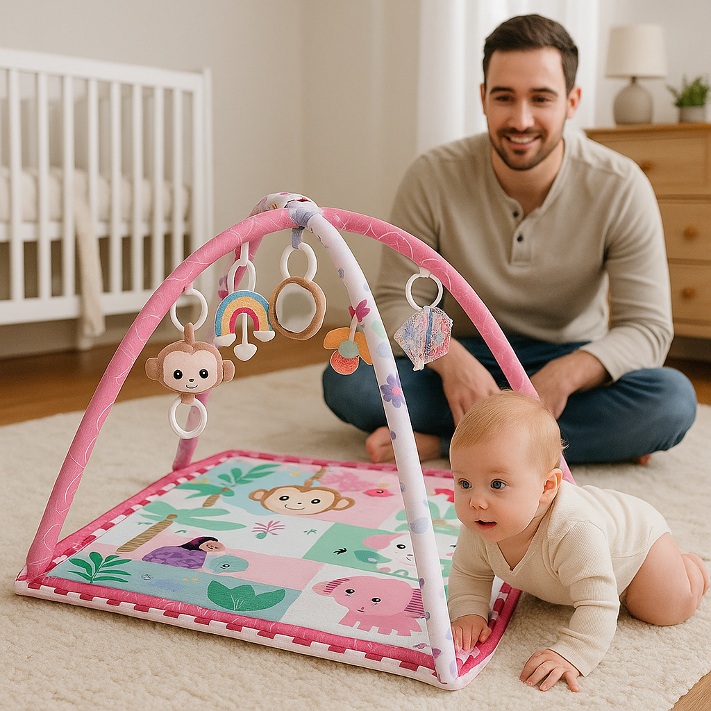 papa regarde bebe quatre pattes vers tapis d eveil bebe