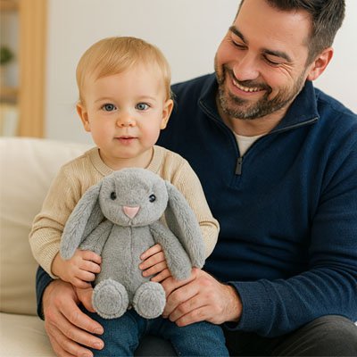 papa tient bebe qui tient lapin peluche gris