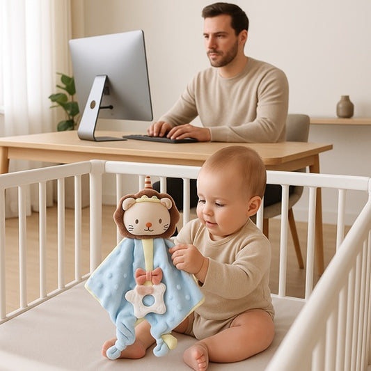 papa travaille ordinateur bebe joue doudou bebe dans parc