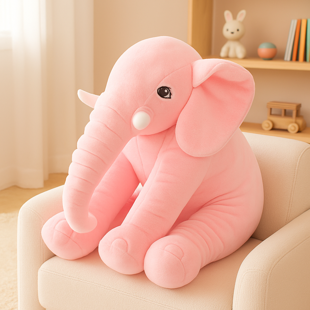 peluche elephant rose dans canape