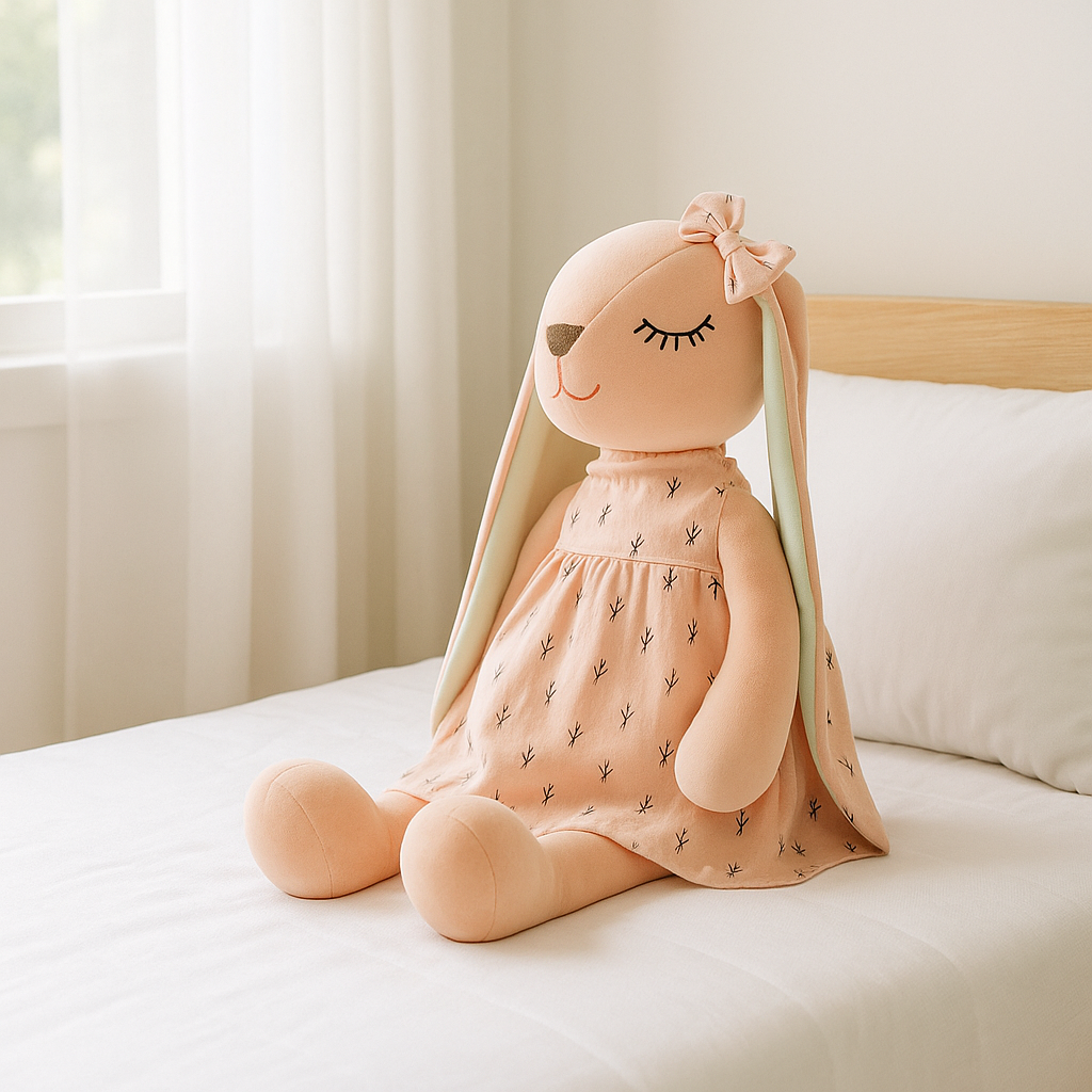 peluche lapin assis sur lit decore chambre