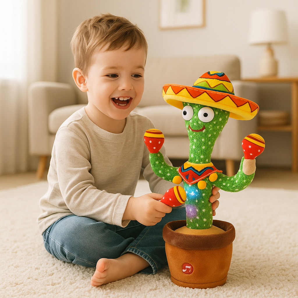 petit garçon assis joue avec peluche interactive cactus