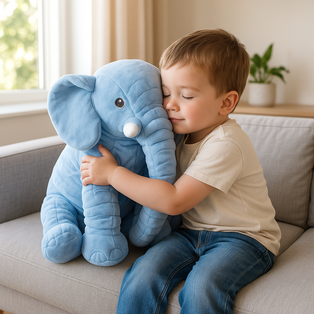 petit garcon caline peluche elephant bleu canape